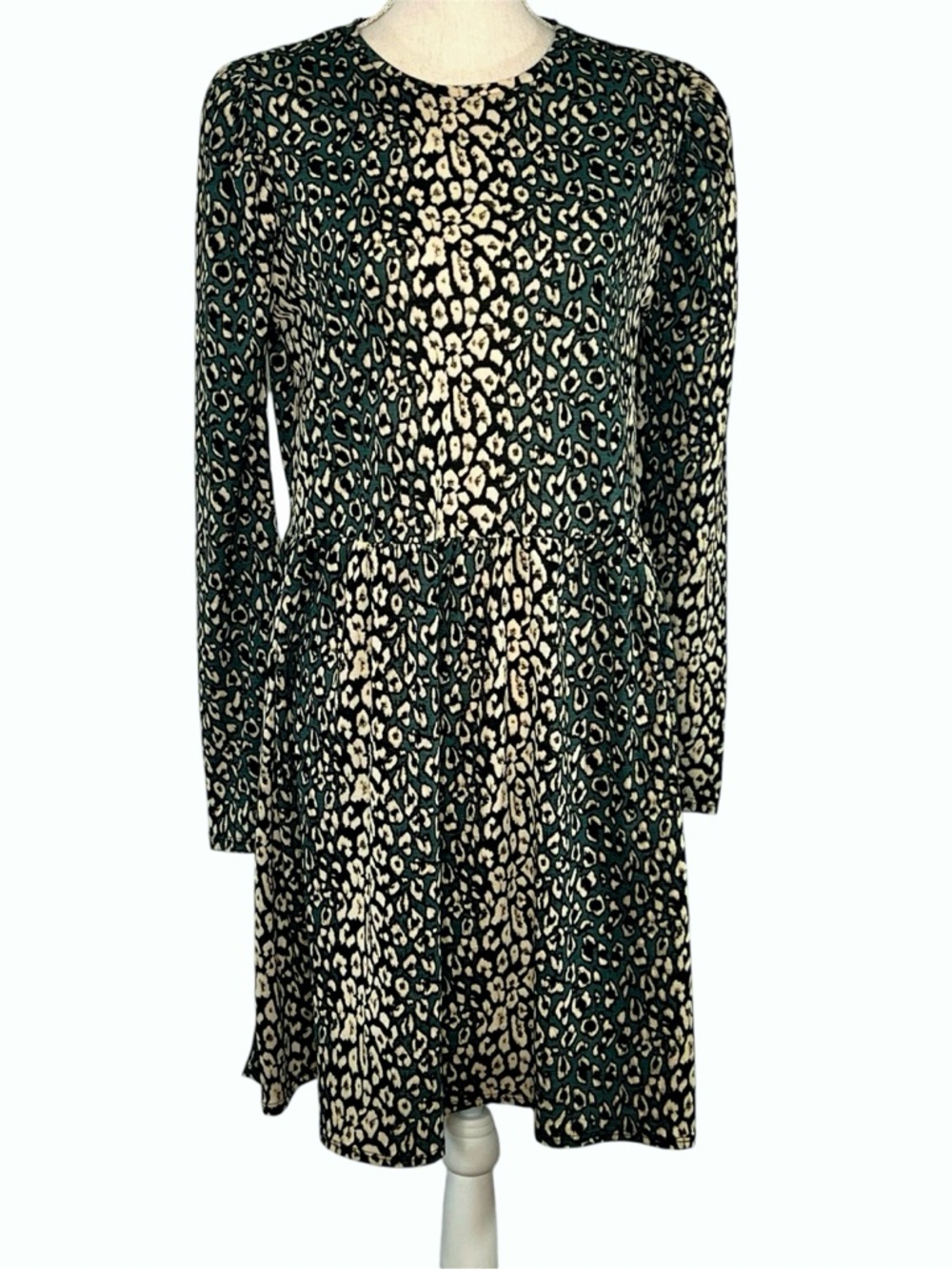 ZARA Teal Cream Cheetah Print Drop Waist Long Sleeve Mini Dress Womens Size M